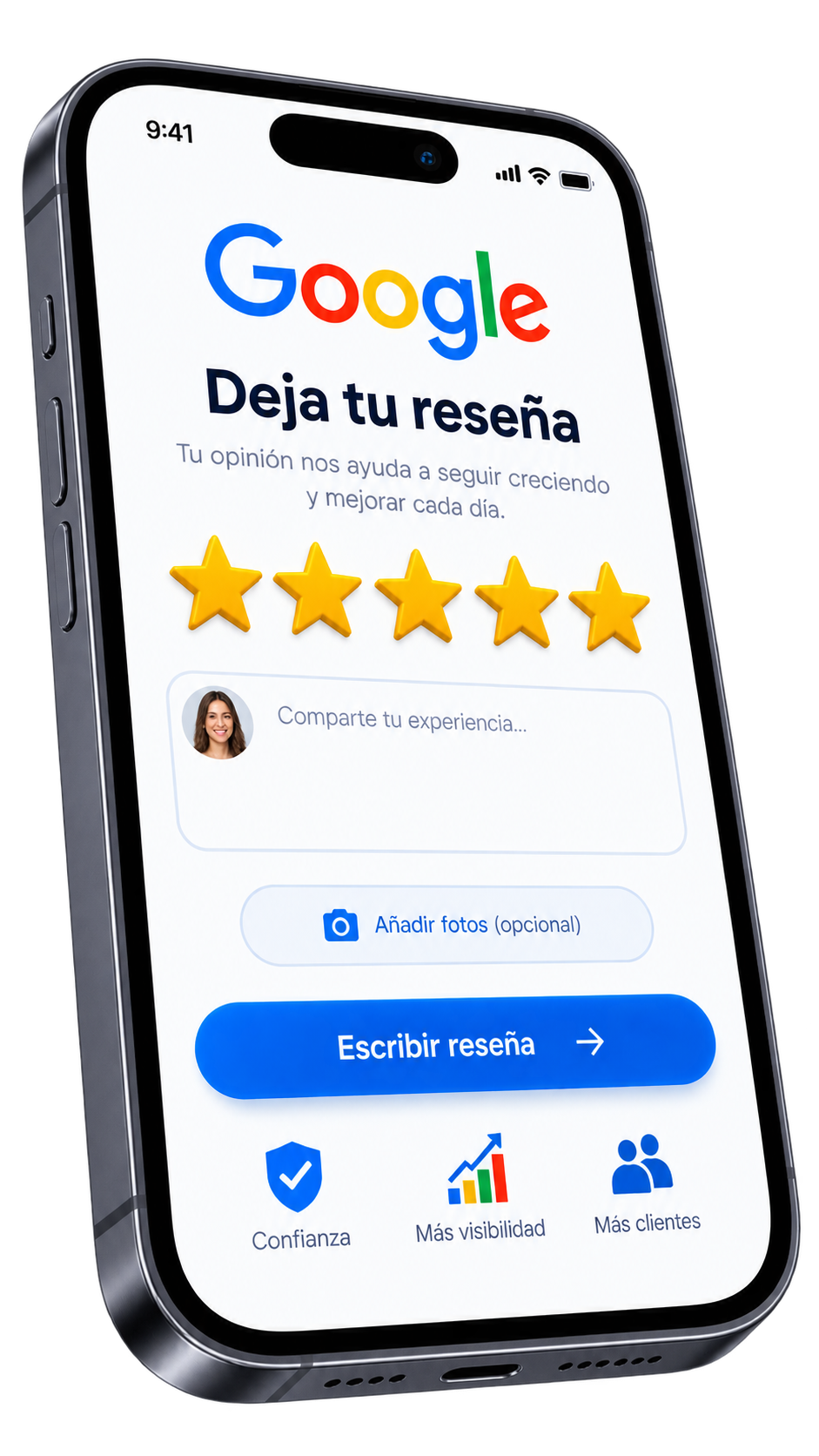 Smartphone mostrando la pantalla para dejar una reseña en Google