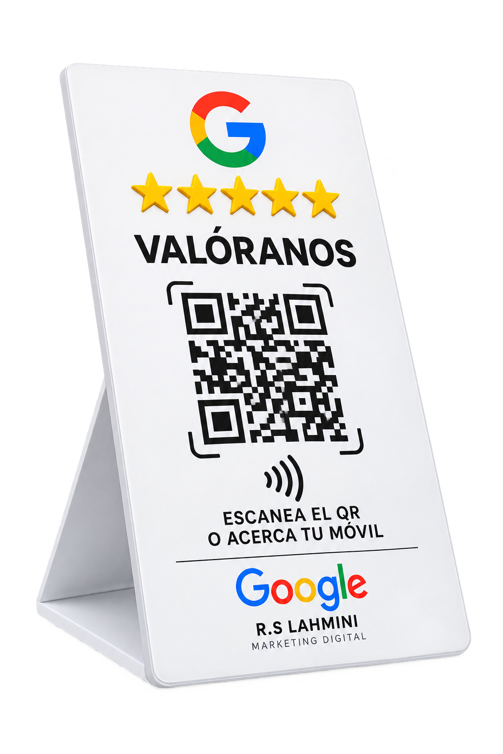 Stand R.S Lahmini con QR y punto NFC para dejar reseñas en Google